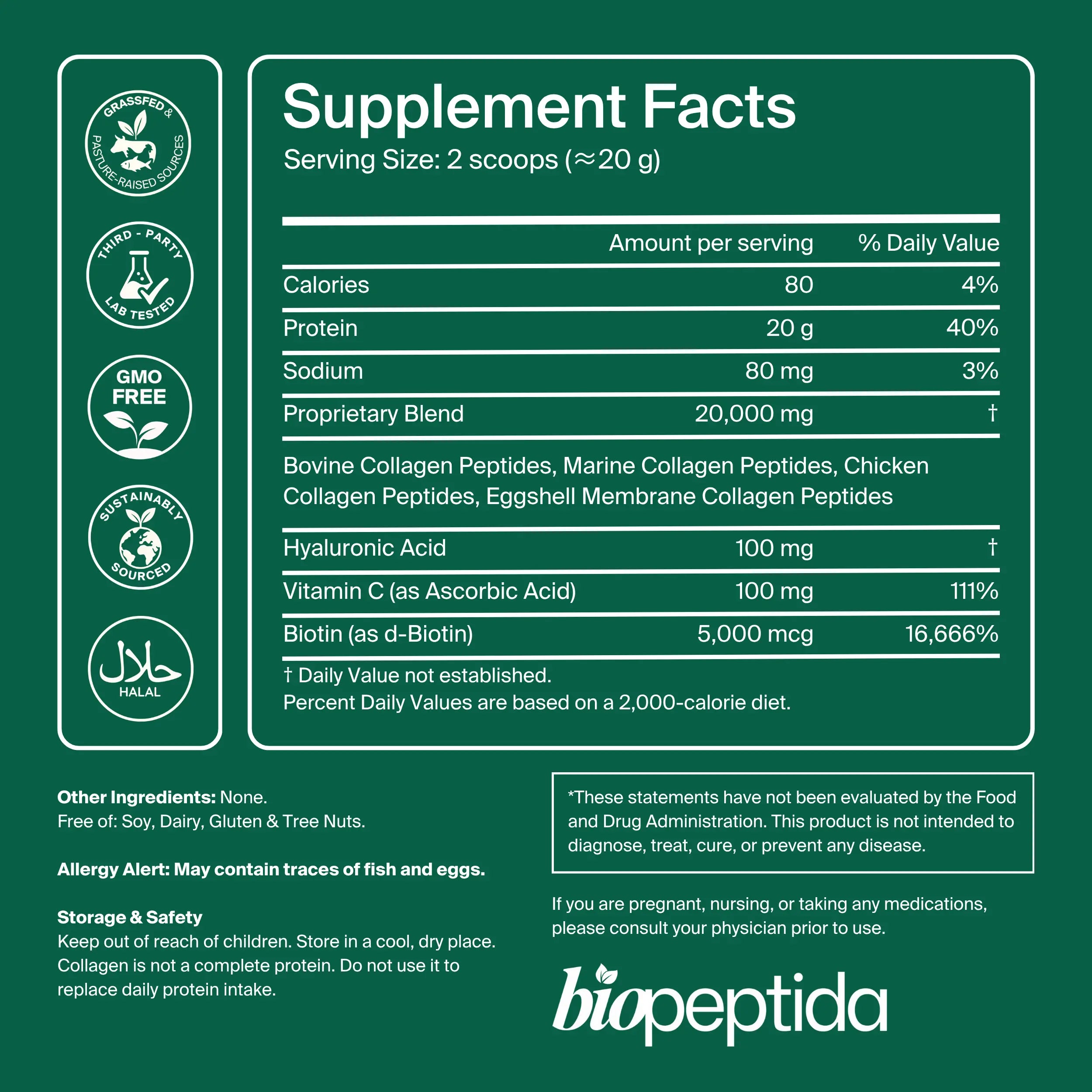Biopeptida Advanced Collagen Peptides supplement facts with 5 collagen types hyaluronic acid vitamin C and biotin
