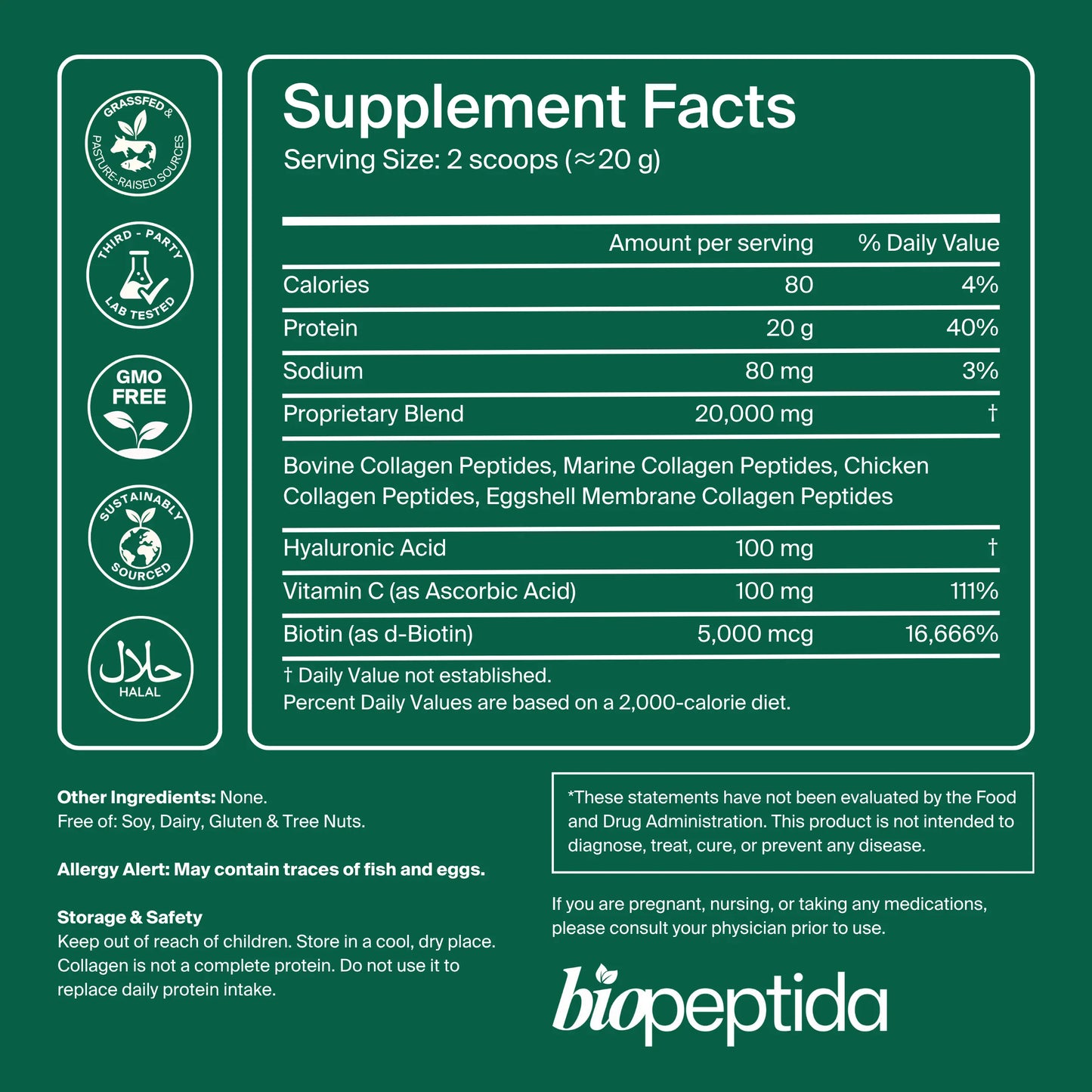 Biopeptida Advanced Collagen Peptides supplement facts with 5 collagen types hyaluronic acid vitamin C and biotin