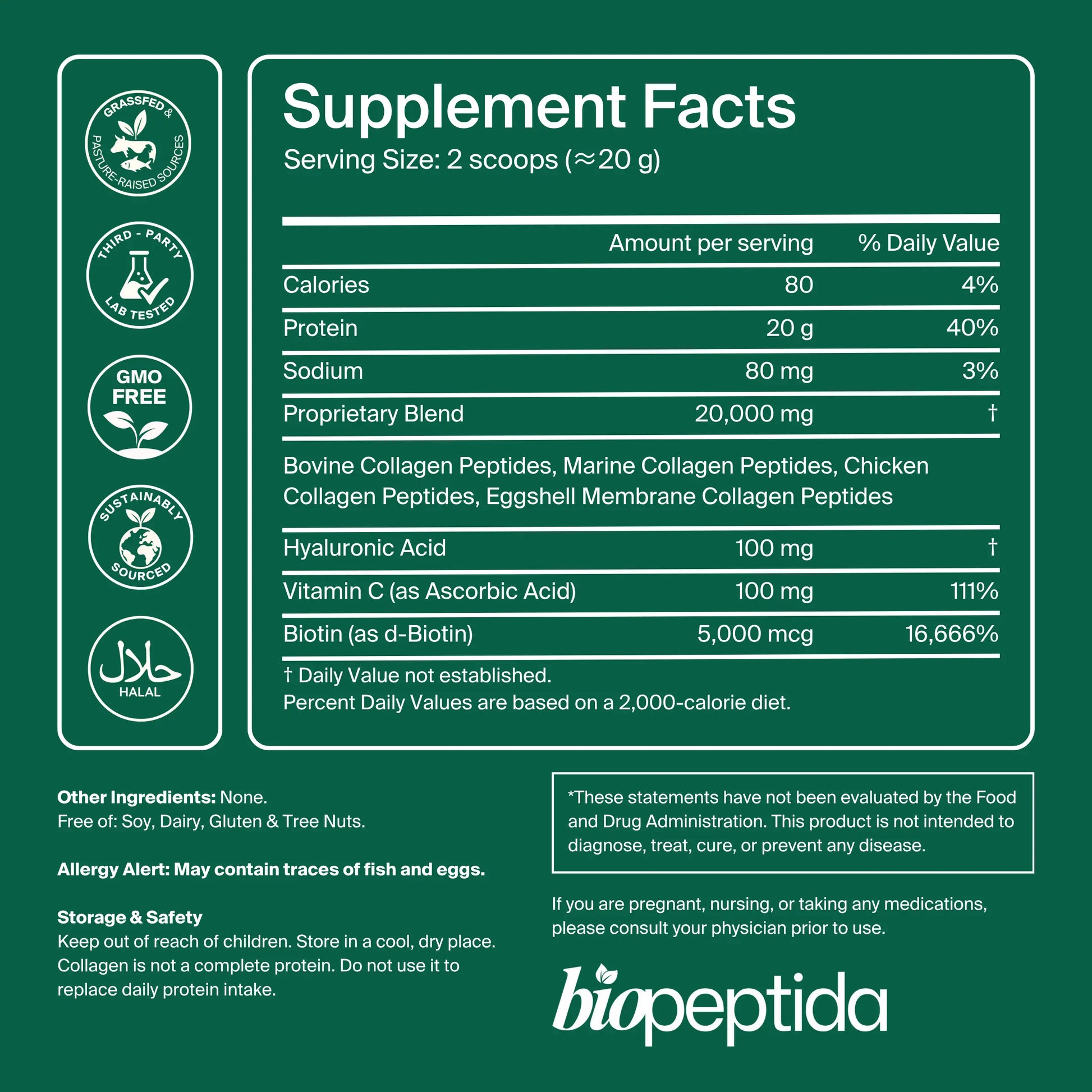 Biopeptida Advanced Collagen Peptides supplement facts with 5 collagen types hyaluronic acid vitamin C and biotin