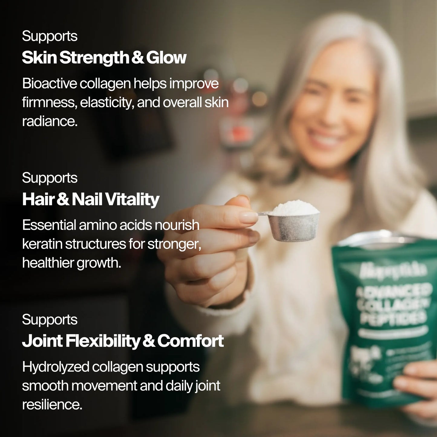 Biopeptida Advanced Collagen Peptides key benefits for skin glow, hair and nail strength, and joint flexibility.
