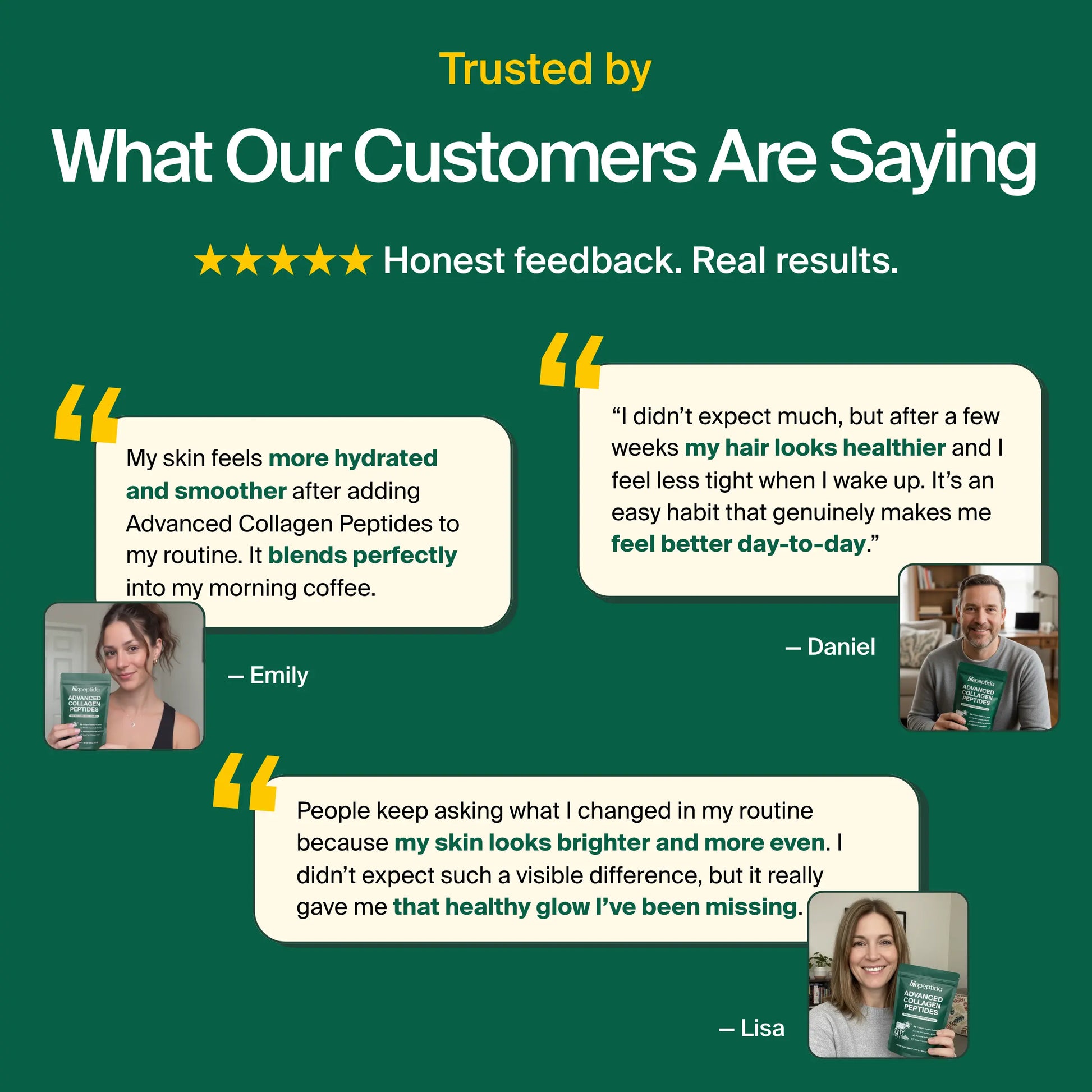 Customer reviews for Biopeptida Advanced Collagen Peptides highlighting improved skin hydration hair health and daily vitality